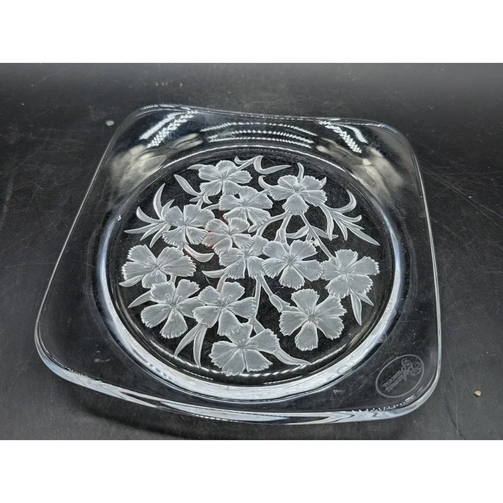 Vintage Bahamas Princess Frosted Floral Clear Glass Square‎ Serving Tray Dish